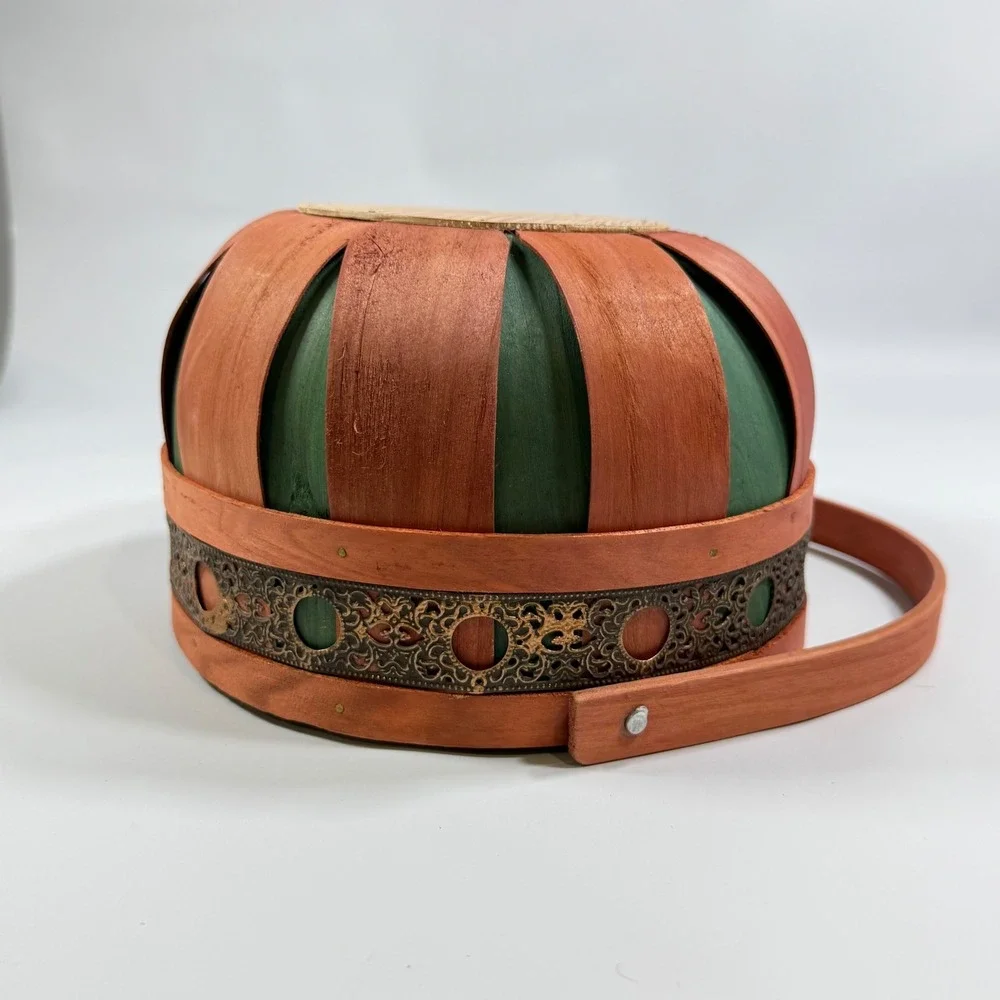VTG Basket w/Handle Green & Wood‎ Metal Trim 8